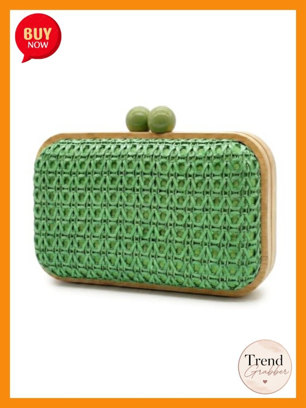 Rattan Clutch Purse Woven Straw Handbag Wooden Frame Detachable Chain Summer